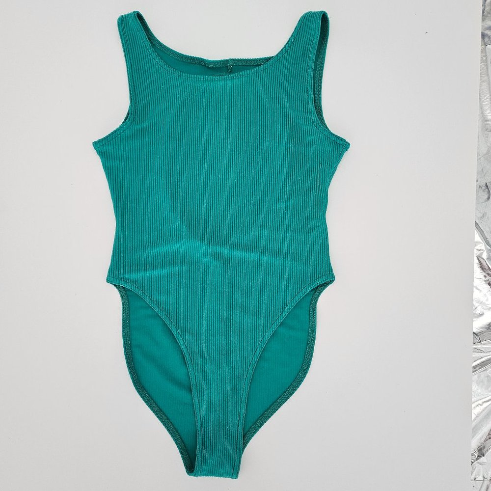 GEAR 1 Leotard Ribbed Green Spandex Aerobics Vintage 80s Gear Sz Large